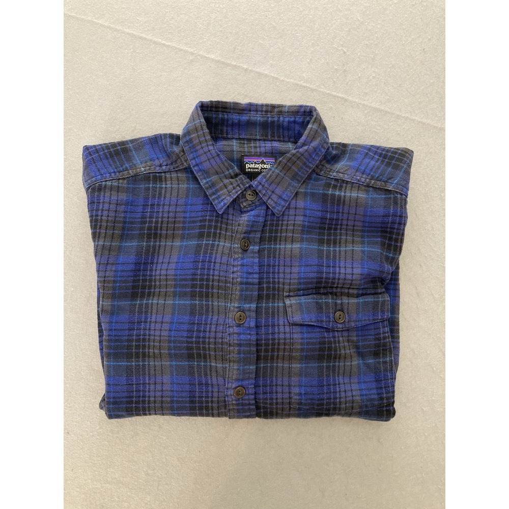 Patagonia Shirt Men's Small Button-Up Blue Plaid Flannel Organic Cotton